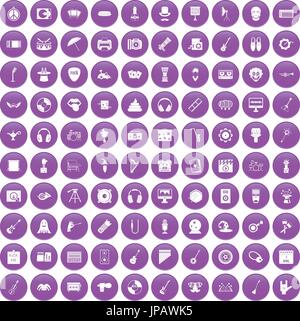100 show business icons set purple Stock Vector
