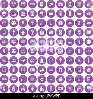 100 smart house icons set purple Stock Vector