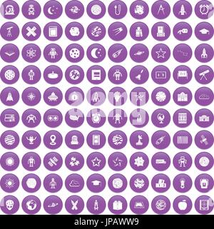 100 astronomy icons set purple Stock Vector