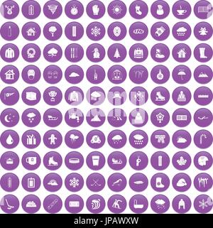 100 snow icons set purple Stock Vector