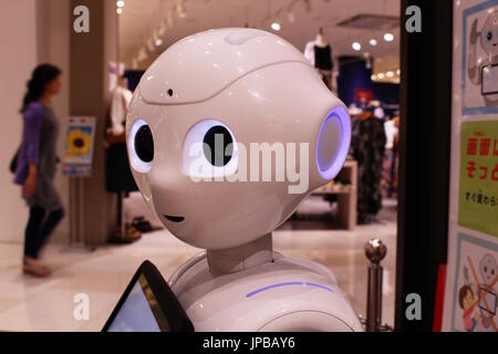 A Softbank Pepper robot on customer service duty in an Aeon Mall in Makuhari, Chiba, Japan. July 2017. Stock Photo