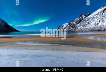 Northern lights in the night sky over Ersfjord Beach. Ersfjord, Ersfjorden, Senja, Norway, Europe. Stock Photo
