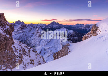 Winter sunrise from Mount Lagazuoi,Cortina d'Ampezzo,Belluno district,Veneto,Italy,Europe Stock Photo