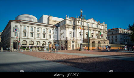 La Scala Theatre Theater with the contrail of a typical tramway in a long exposure. Center of Milan, Lobardy Italy Stock Photo