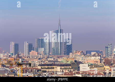 Unicredit Tower and the skyscrapers of Porta Nuova district from the rooftop of the Duomo di Milano, Milan, Lombardy, Italy. Stock Photo