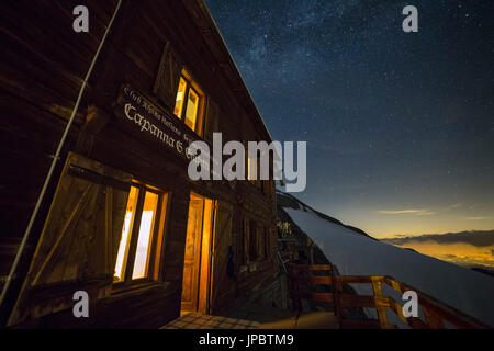 The Gnifetti refuge in Monte Rosa Massif durign a starry night (Gressoney, Lys Valley; Aosta province, Aosta Valley, Italy, Europe) Stock Photo