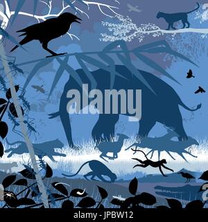 Editable vector illustration of various asian wildlife in natural habitat Stock Vector