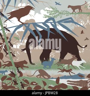 Editable vector illustration of diverse asian wildlife in natural habitat Stock Vector