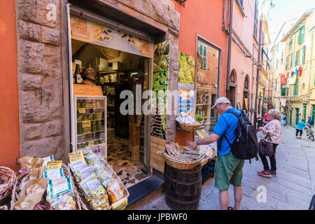 Gourmet products and typical food in the shops of the old alleys of Portovenere La Spezia province Liguria Italy Europe Stock Photo