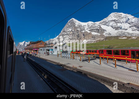 The Wengen station of Wengernalpbahn rail rack surrounded by snowy peaks Bernese Oberland canton of Bern Switzerland Europe Stock Photo