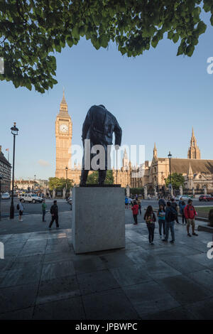 Back view of Winston Churchill statue with Big Ben in the background London United Kingdom Stock Photo