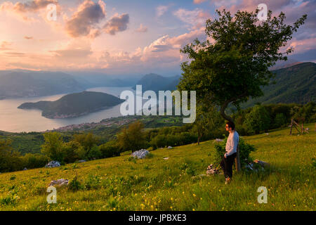 Europe, Italy, Iseo lake view from Colmi of Sulzano, province of Brescia. Stock Photo