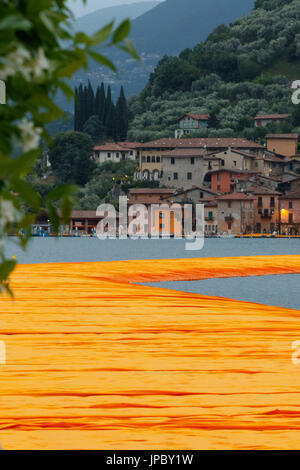Iseo Lake, Lombardy, Italy. The Floating Piers. Stock Photo