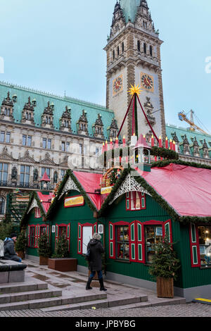 Christmas market and decorations with the bell tower in the background Rathaus Altstadt quarter Hamburg Germany Europe Stock Photo