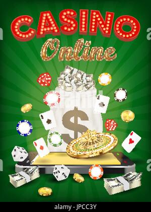 casino online smartphone with dice card roulette Stock Vector