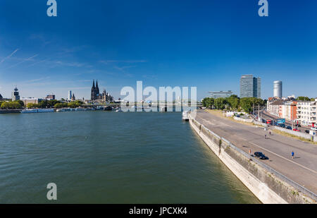 COLOGNE - SEPTEMBER 6: The Rhine River in front of the Deutzer Bridge and the cathedral in Cologne in Germany seen from the Severins Bridge on Septemb Stock Photo