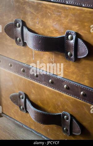 Vintage brown leather suitcase up close, stock photo Stock Photo