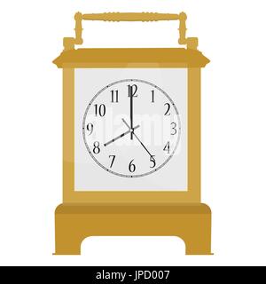 Vector illustration golden, retro carriage clock with Arabic numerals isolated on white background. Stock Vector