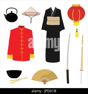 China set with lantern, folding fan, katana sword, kendo, teapot, conus hat and rise bowl with chopsticks. Chinese man, woman traditional costume, dre Stock Vector