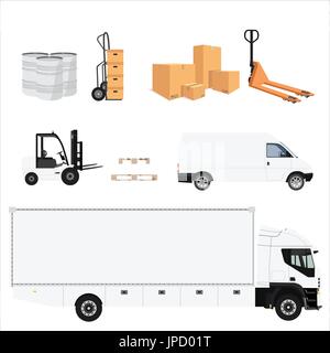 Delivery service icon set. Vector illustration pile of cardboard boxes. Hand truck. Delivery transport cargo truck and van. Wooden pallet and pallet j Stock Vector