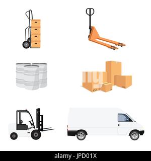 Delivery service icon set. Vector illustration pile of cardboard boxes. Hand truck and loader. Delivery transport mini van. Pallet jack. Barrels Stock Vector