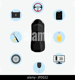 Vector illustration car service infographics. Auto service and repair icons. Black car top view Stock Vector