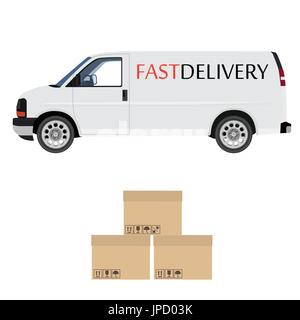 Delivery icon set. White delivery van and three carton boxes. Fast delivery. Stock Vector
