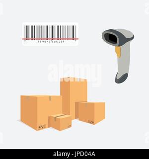 Vector illustration pile of cardboard boxes. Barcode scanner scanning barcode. Stock Vector
