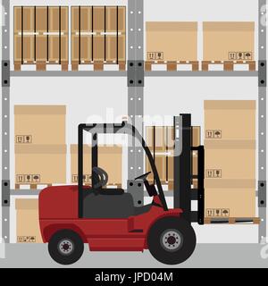 Warehouse vector illustration. Car loader with carton boxes with shipping symbols. Storage design. Warehouse interior Stock Vector