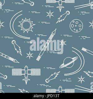 Seamless pattern with variety space exploration elements. Design for banner, poster or print. Stock Vector