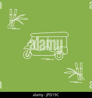 Stylized icon of tuk-tuk and bamboo. Traditional taxi in Thailand, India. Design for banner, poster or print. Stock Vector