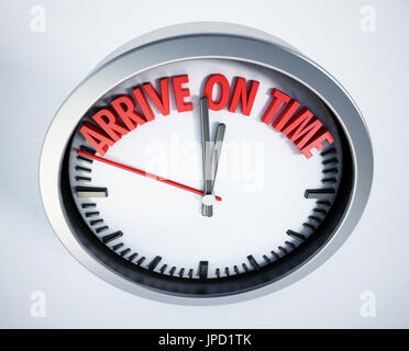 Clock with arrive on time text. 3D illustration. Stock Photo