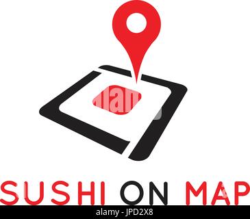 red map pin set on abstract sushi piece.isolated on white background. Stock Vector