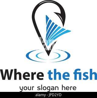 fin within a hook shaped as map pin. logo design. isolated on white background. Stock Vector