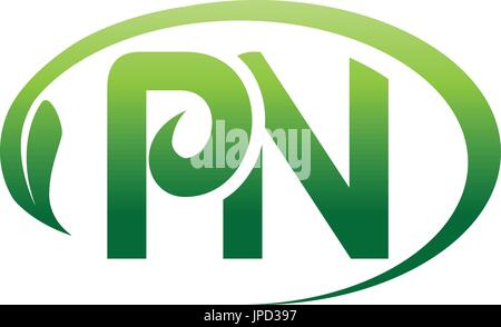 letters PN within an outline of oval with a leaf, logo design, isolated on white background. Stock Vector