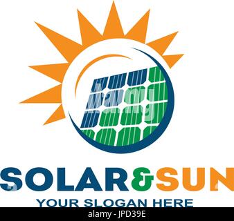 solar panel within a circle with a sun, logo design, isolated on white background. Stock Vector