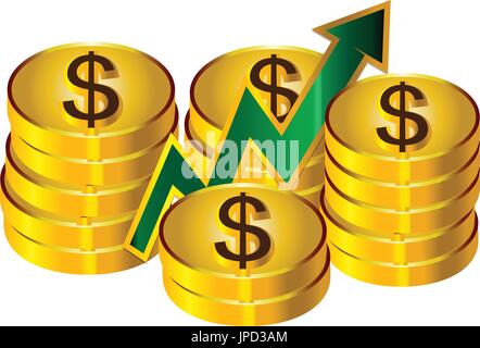 gold coins stacked with green arrow, icon design, isolated on white background. Stock Vector