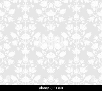 Gray floral seamless background. White floral ornament in vintage style. Stock Vector