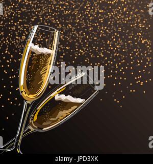 Two glasses with champagne on a black background with sparks, vector illustration. Stock Vector