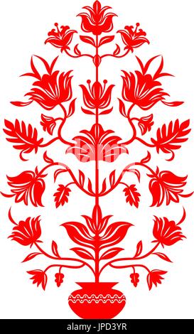 Decorative flowerpot with flowers in the folk style. Isolated on a white background. Stock Vector