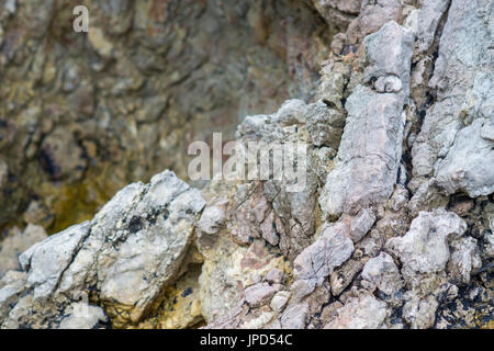 Close-up of a stone in the mountains: colorful rock cliff structure; wild nature Stock Photo