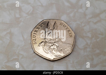 Beatrix Potter collectors British fifty pence coins in circulation jemima puddle-duck mrs tiggy-winkle squirrel nutkin Stock Photo