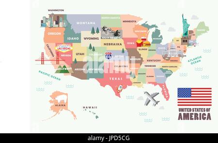 Map of the United States of America with Famous attractions. Vector illustration Stock Vector