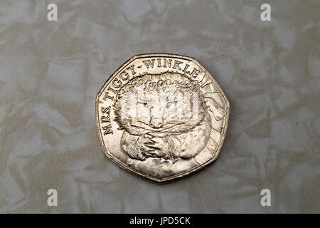 Beatrix Potter collectors British fifty pence coins in circulation jemima puddle-duck mrs tiggy-winkle squirrel nutkin Stock Photo