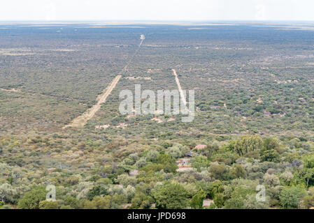 WATERBERG PLATEAU NATIONAL PARK, NAMIBIA - JUNE 19, 2017: The view from the top of the Waterberg Plateau. The reception offices, camping site and chal Stock Photo