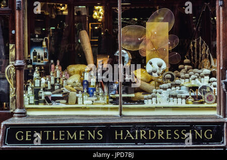 The shop window of Geo F Trumper, gentlemen's hairdressing. London, England, UK Stock Photo