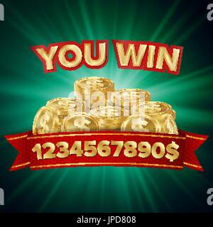 You Win Vector. Jackpot Background. Jackpot Sign With Gold Coins. Shining Banner Illustration. Stock Vector