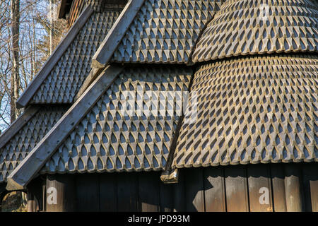 Bergen, Norway - February 12, 2017: Fantoft Stave Church.  Reconstructed stave church in the Fana borough of the city of Bergen Stock Photo