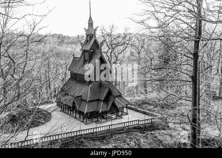 Bergen, Norway - February 12, 2017: Fantoft Stave Church.  Reconstructed stave church in the Fana borough of the city of Bergen Stock Photo