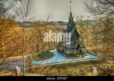 Bergen, Norway - February 12, 2017: Fantoft Stave Church.  Reconstructed stave church in the Fana borough of the city of Bergen Stock Photo